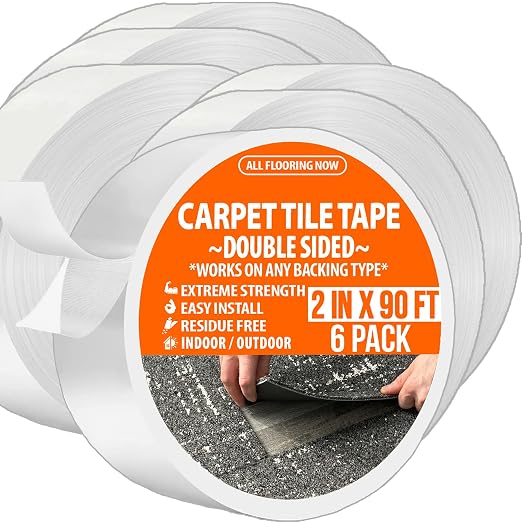 Carpet Tile Tape Double Sided 2in x 90ft (Bulk 6 Pack) Heavy Duty Reinforced Web Mesh Residue Free Indoor Outdoor for Carpet Tiles, Hardwood, Vinyl, Rugs, Carpet, Rubber & Mat Gripper