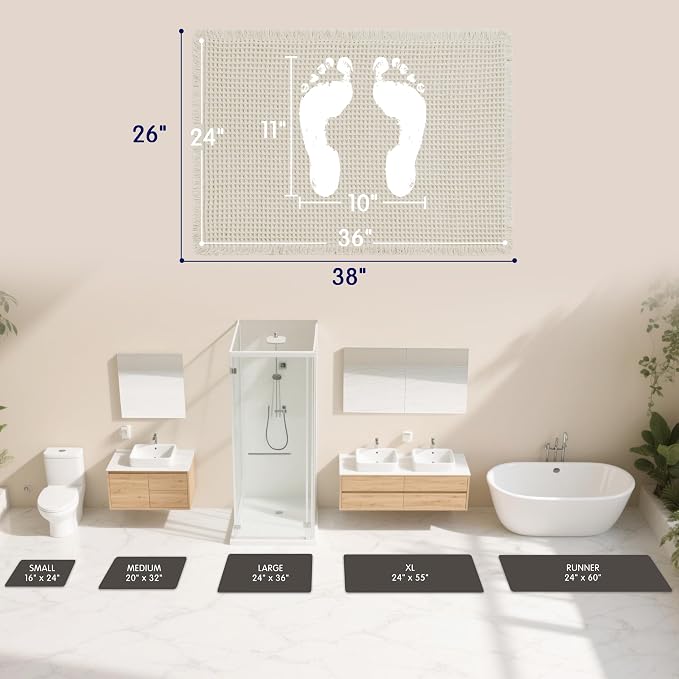 SUBRTEX Waffle Braided Bath Mat, 24" x 36" Soft Waffle Bath Rugs, Absorbent Non Slip Bathrooom Mats, Machine Washable Area Rug for Bathroom, Quick Dry, White