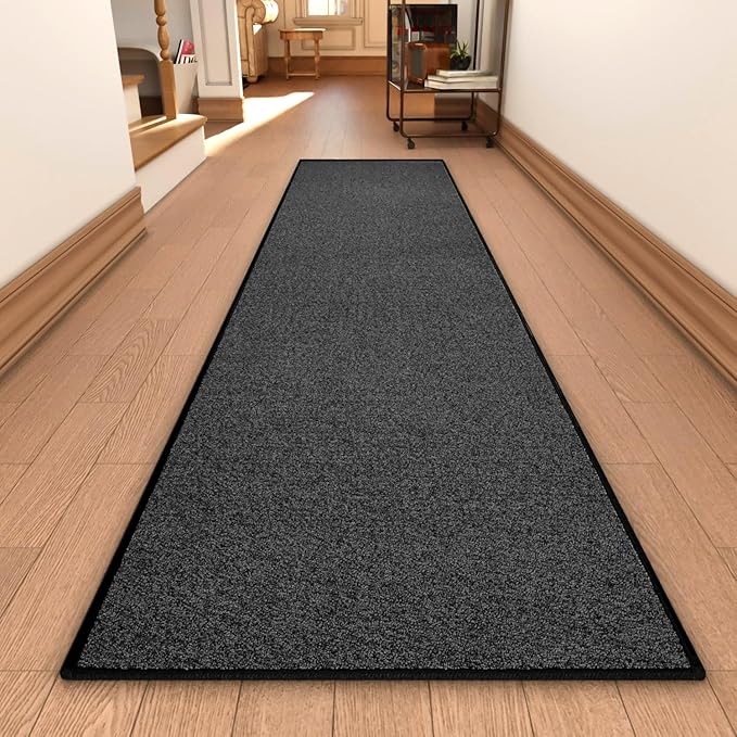 Runner Rug with Non Slip Rubber Backing, Washable Soft Floor Carpet for Kitchen, Hallway, Entryway Indoor, Bedroom, Laundry, Low Pile Area Rugs, Solid Color with Pointillism Style, 2'6“*12' Black