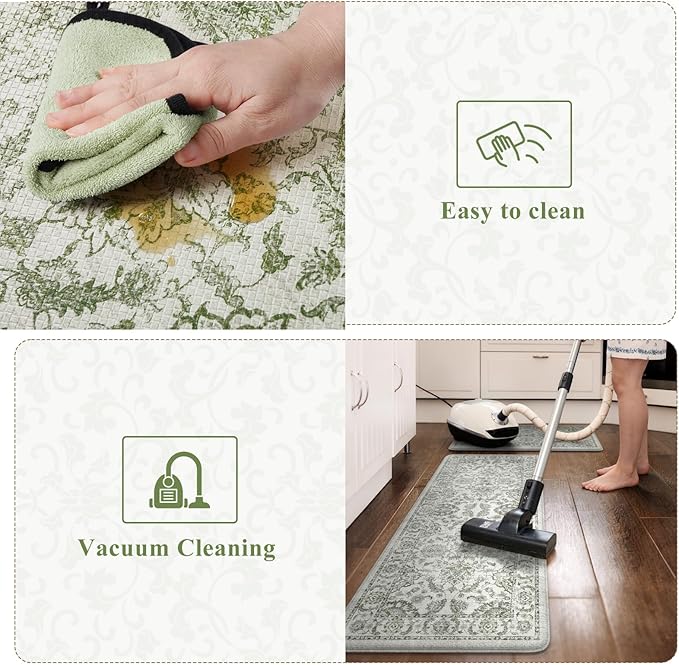 KIMODE Kitchen Mats Cushioned Anti Fatigue 2 PCS, Boho Kitchen Mats Stain Resistant, Standing Kitchen Runner Rug, Non Slip Waterproof Kitchen Sink Floor Mat, 17.3"x59"+17.3"x29", Sage Green
