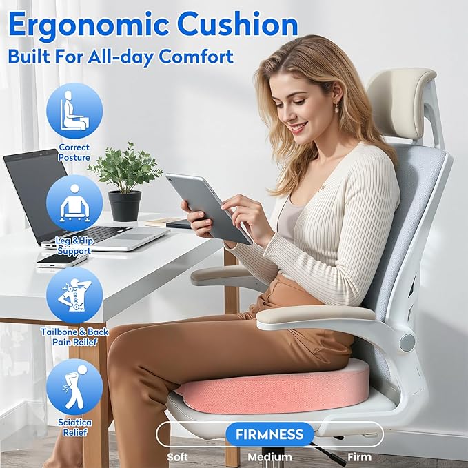 CushZone Seat Cushion, Office Chair Cushions, Car Seat Cushion, Non-Slip Sciatica & Back Coccyx Tailbone Pain Relief Chair Pad, Memory Foam (Pink)