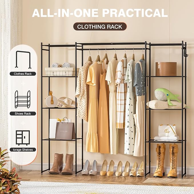 Neprock Portable Closet Wardrobe, Metal Clothing Rack with 8 Shelves & 1 Hang Rod, Free Standing Closet Rack for Hanging Clothes Closet Organizers and Storage, 63"*63"*12", Black