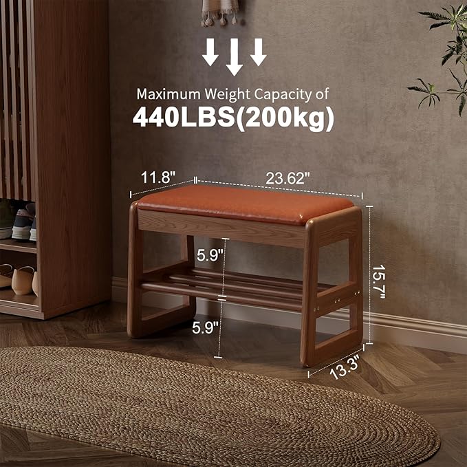 AQIMUELE Shoe Rack Bench,2 Tiers Shoe Bench with Storage with Flip-Top,Wood Shoe Rack for Entryway,Hallway（Orange Upholstered Seat,11.8" D x 23.62" W x 15.7" H）