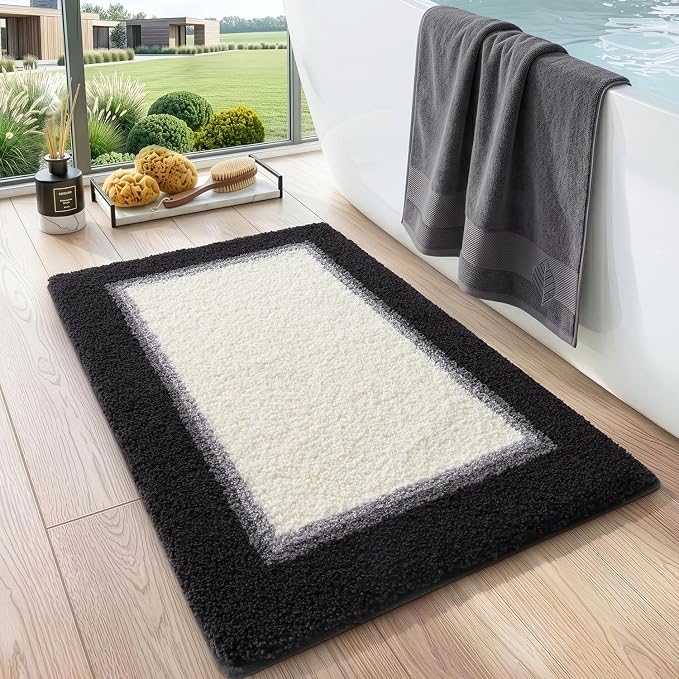 DEXI Bathroom Rugs 24x16, Absorbent Extra Soft Plush Microfiber Bath Mat for Bathroom, Non Slip Washable Bathmat Quick Dry for Shower Floor, Sink, Tub, Laundry Room, Black and White