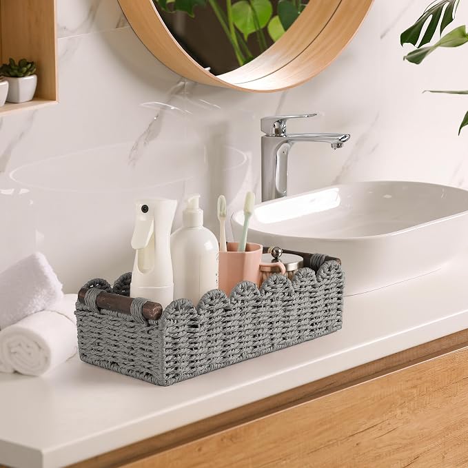 Toilet Paper Storage Basket Bathroom Counter Organizer Wicker Baskets for Organizing Cute Basket for Bedroom Nursery Room Kitchen Bathroom Decor-Gray