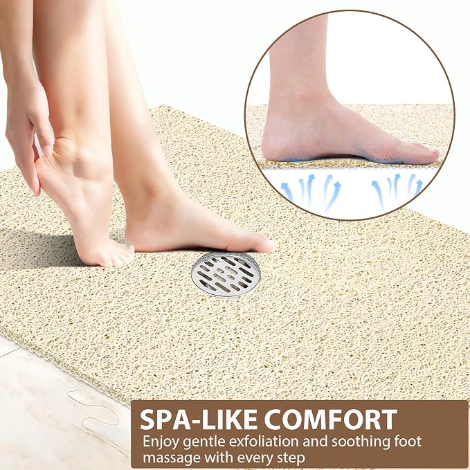 Large Non Slip Shower Mat: 32x24 inch Loofah Shower Mat for Inside Shower with Drain Hole in Middle, Soft PVC Anti-Slip Shower Stall Mats for Bathroom,Wet Area, Quick Drying