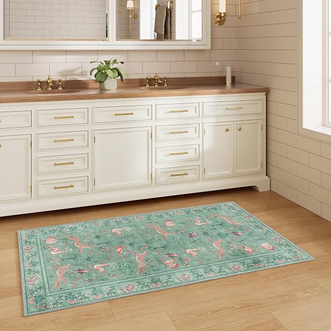 DUKINO 2x4 Rug for Hallway, Washable Kitchen Runner Rug with Non Slip Backing, Soft Low Pile Vintage Animal Runner for Bedroom, Kitchen, Hallway, Entryway, Laundry, Teal