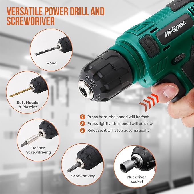 Hi-Spec 8V USB Power Drill Driver and Complete Home Tool Kit Set. Cordless & Rechargeable Electric Drill Driver and Compact Hand Toolbox Set, Green