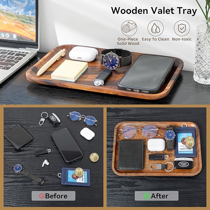 Serving Acacia Wood Valet Tray for Men Women, Catch All Acacia Mens Key Dump Bedside Nightstand Organizer EDC Decorative Wooden Tray for Phone Watch Wallet Keys Jewelry