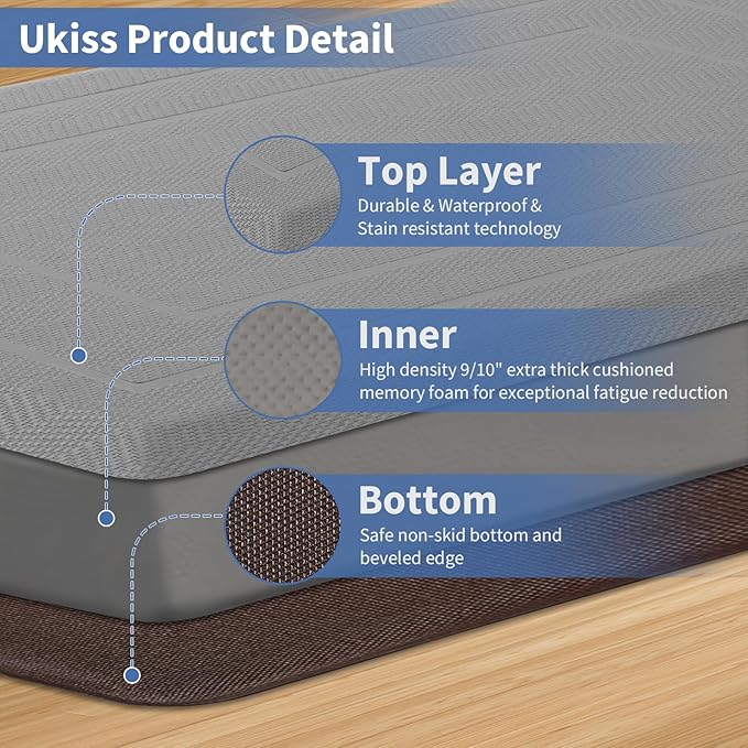 UKISS 9/10"" Extra Thick Cushioned Anti Fatigue Kitchen Mat, Waterproof High Density Foam Standing Desk Mat, Non-Slip Ergonomic Comfort Mat for Kitchen, Office,Workstation Black (Grey, 20" X 39")