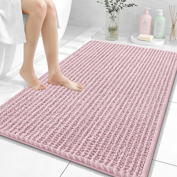 OLANLY Bathroom Rug Mat 40x32, Thick Soft and Absorbent Chenille Bath Mat, Non-Slip Rubber Backing, Machine Washable Quick Dry Bath Rugs for Tub Shower Floor, Home Decor Accessories, Dusty Rose