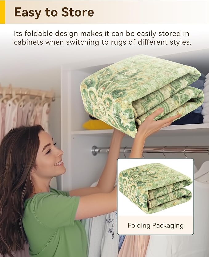 RELEANY Area Rugs Round 10ft Washable Non-Slip, Floral Vintage Distress Medallion Carpet for Living Room Bedroom Dining Room, Sage Green Yellow