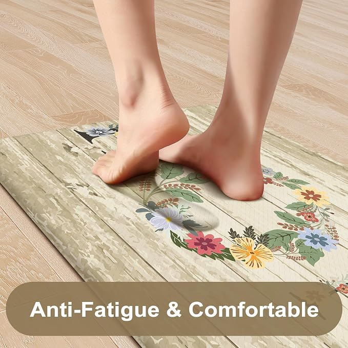KIMODE Anti Fatigue Mats for Kitchen Floor,Farmhouse Floral Rugs Sets of 2,Cushioned Carpet Non Slip,Wide Memory Foam Runner for Bathroom Sink Laundry Office,Beige 20"x47"+20"x32"