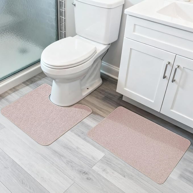 Bosap Bathroom Rugs Set 2 Pieces,Thin Bathroom Mats,Toilet Rugs,Quick Dry,Non-Slip,Machine Washable,Low Pile,Absorbent Bath Mats,Shower,Sink,Home Decor Accessories.Beige,1'5"x2'3"+1'8"x2" U Shape