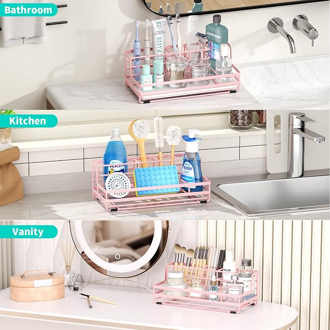 HapiRm Toothbrush Holders for Bathroom - 5 Partitions Bathroom Counter Organizer with Instant Drying Stone, Stainless Steel Countertop Storage Electric Toothbrush Toothpaste Holder - Pink