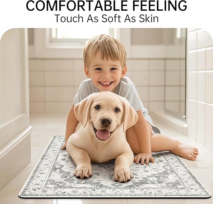 Mecko Bath Mat, Ultra Absorbent Quick Dry Bathroom Floor Mats-Rubber Non-Slip Thin Bathroom Rug Fit Under Door, Faux Suede Surface Shower Rug for Bathtub, Sink, Shower Room(Grey/White,16"x24")