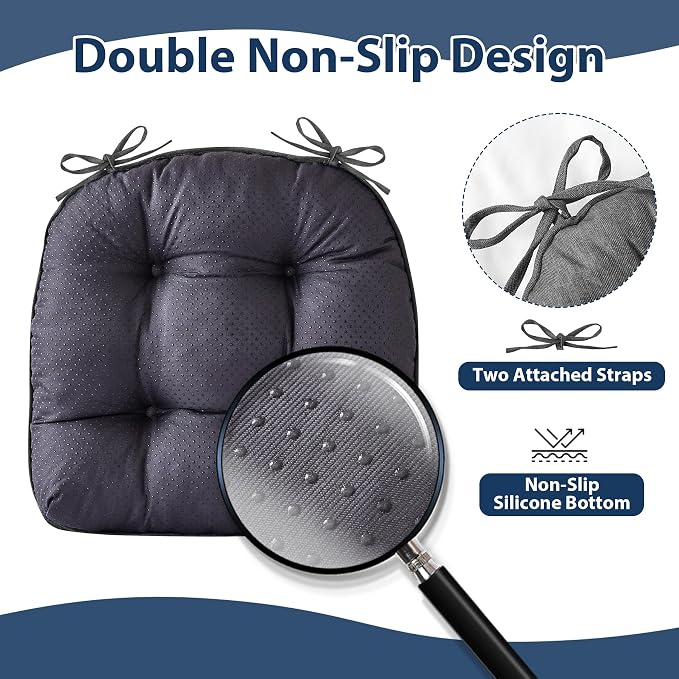 IASEAHK Chair Cushions for Dining Chairs, Seat Cushions for Kitchen Chairs, Indoor Seat Cushions with Ties, Tufted Foam Chair Pads, Non Slip Chair Cushions Set of 4, 15.5" x 15.5" x 4", Dark Grey
