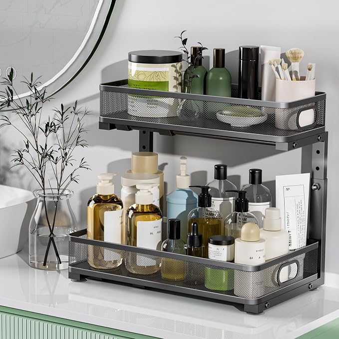 Under Sink Organizer 2 Pack, High Adjustable 2 Tier Under Sink Organizers and Storage, Slide out Metal Cabinet Organizers, Pull out Storage Drawer Shelf for Kitchen Bathroom Cabinet