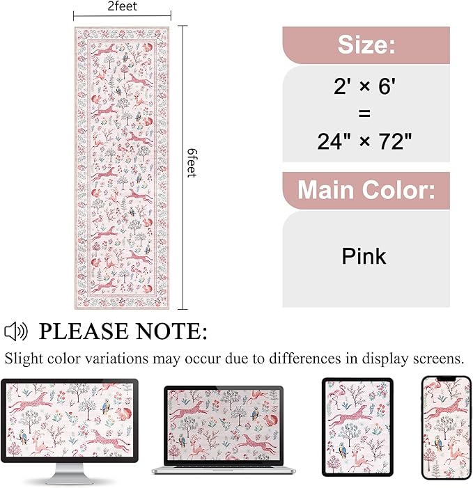 DUKINO 2x10 Rug for Hallway, Washable Kitchen Runner Rug with Non Slip Backing, Soft Low Pile Vintage Animal Runner for Bedroom, Kitchen, Hallway, Entryway, Laundry, Pink