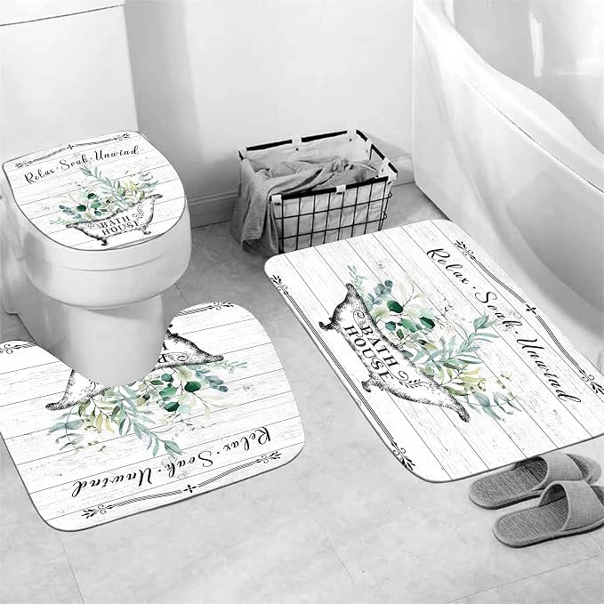 Nkzply 4 Pcs Farmhouse Shower Curtain Rustic Bathroom Sets with Shower Curtain and Rugs Floral Shower Curtain Set Green Leaves Bathroom Decor Vintage Bathroom Rugs Set Toilet Lid Cover Hooks