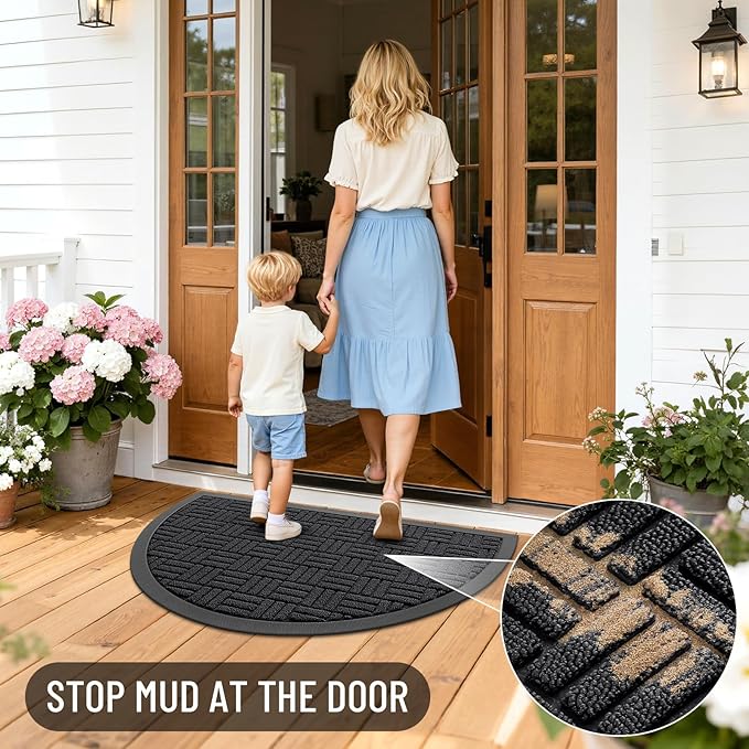OLANLY Half Circle Door Mat Outside Entrance 29.5x17, Absorbent, Heavy Duty Sturdy Natural Rubber Doormat Indoor Outdoor, Fade Resistant, Non-Slip Backing Low Profile Floor Mat for Entryway, Black