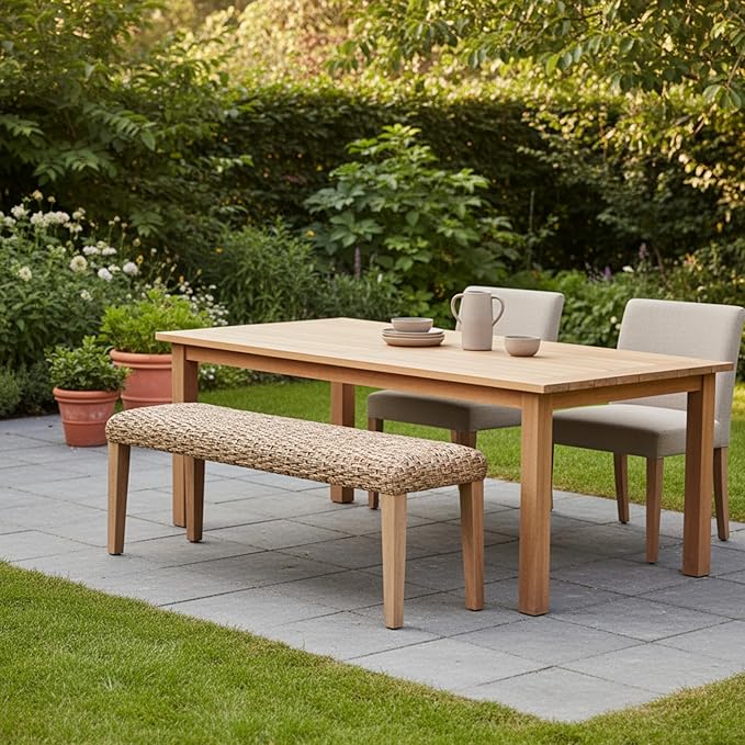 Outdoor Backless Bench, All-Weather Wicker & Solid Acacia Wood, Premium Garden Bench with Woven Rattan Seat and Thick Outdoor Cushion for Patio, Porch, Living Room or Entryway (Natural, PE Wicker)