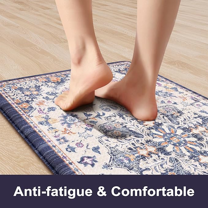 KIMODE Kitchen Mats for Floor, Boho Floral Blue Kitchen Rugs Sets of 2, Anti Fatigue Mats for Kitchen Floor, Cushioned Comfort Kitchen Floor Mats for Sink, Laundry, Desk,17"x47"+17"x29"