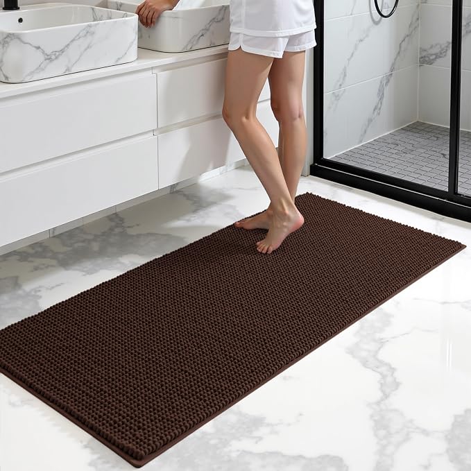 SUBRTEX Bathroom Rugs, 24" x 55" Chenille Bath Rug Soft Short Plush Bath Mat Soft Shower Mat Water Absorbent Shower Mat Quick Dry Machine Washable, Chocolate
