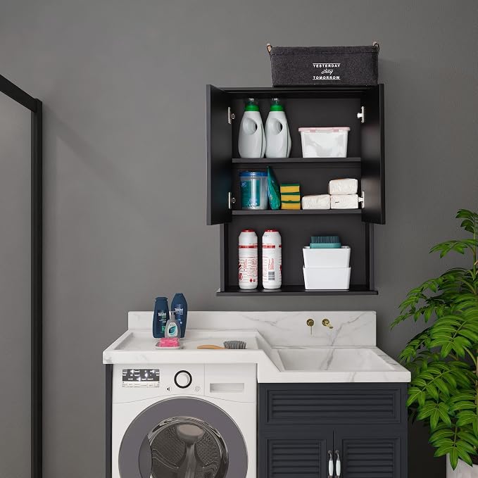 VANIRROR Black Bathroom Wall Cabinet 23x29 inch Wooden Bathroom Medicine Cabinet with 2 Doors and Adjustable Shelf, Wall Mounted Cabinet Over Toilet Storage Cabinet | 2 Doors
