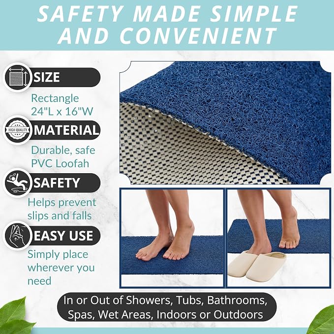 ENKOSI Loofah Non-Slip Shower Mat & Bath Mat – Soft Cushioned Comfort – No Suction Cups for Textured Tubs – Fast Draining Safety for Inside Shower, Family & Elderly (24x16 Navy)