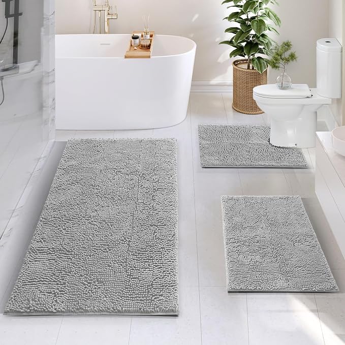 Hearth & Harbor Bathroom Rugs, Chenille Bath Mat - Machine Washable Bath Mats for Bathroom Non-Slip Backing Rubber, Quick Dry Mat - Silver Bath Rug, 17x24-26x44-20x24