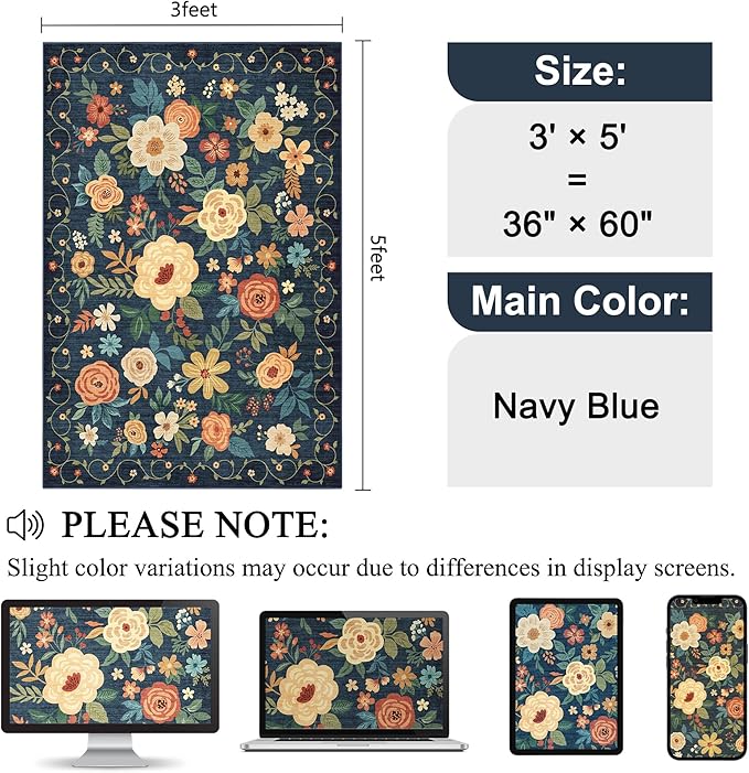 DUKINO 3x5 Area Rug, Floral Rugs for Living Room, Lightweight Non Slip Washable Rug, Indoor Low Pile & Non-Shedding Boho Design Rugs for Bedroom, Living Room, Dining Room, Dark Blue