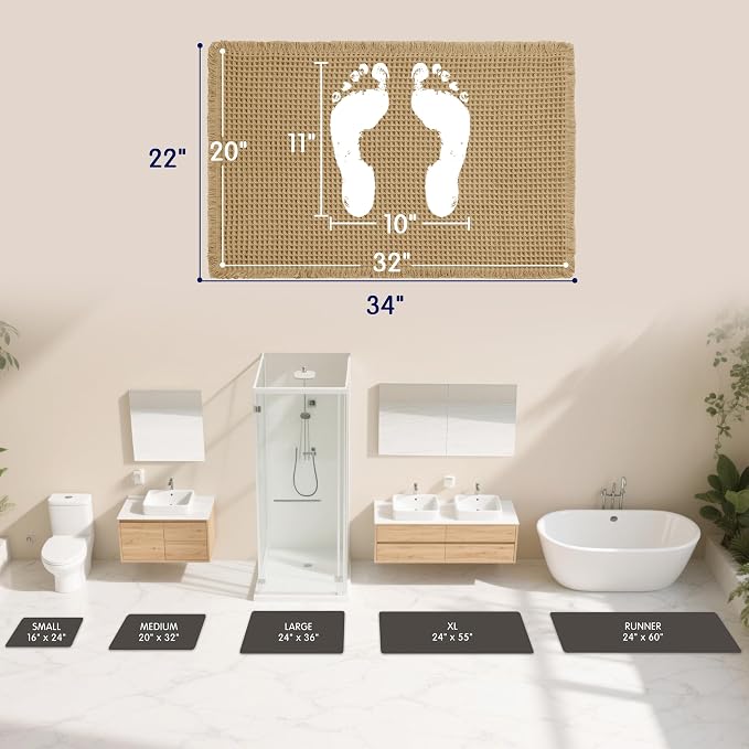 SUBRTEX Waffle Braided Bath Mat, 20" x 32" Soft Waffle Bath Rugs, Absorbent Non Slip Bathrooom Mats, Machine Washable Area Rug for Bathroom, Quick Dry, Khaki