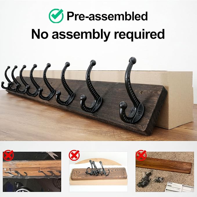 WEBI Rustic Coat Rack Wall Mount,35.43" Long 8 Cast Iron Coat Hooks Wall Mounted,Heavy Duty Wood Wall Coat Hanger Hooks for Hanging Coats,Jacket,Clothes,Backpack,Farmhouse,Weathered Brown