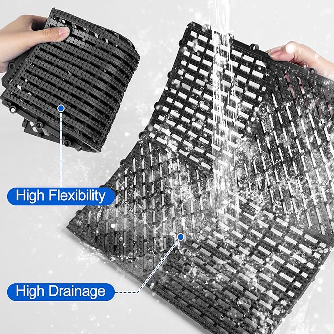 ToLanbbt Modular Interlocking Cushion 12P 11.8" x 11.8" Interlocking Rubber Floor Drain Holes Non-Slip Splicing Drainage Mats for Deck, Shower, Kitchen, Drain Pool, Sauna Bath (Black, 2 Rows Dots)