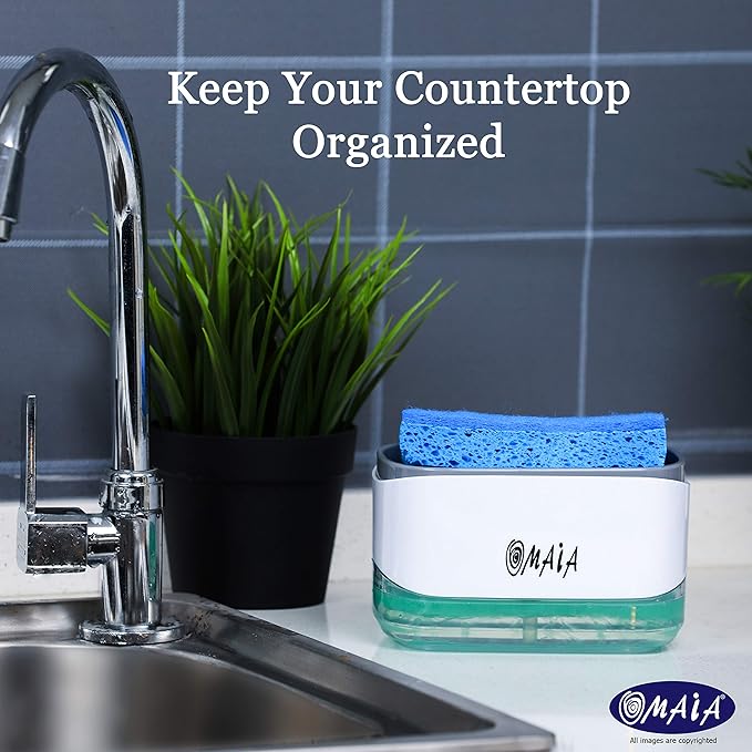 OMAIA 2-in-1 Dish Soap Dispenser with Sponge Holder - Smart Kitchen Gadget - Sink Countertop Organizer