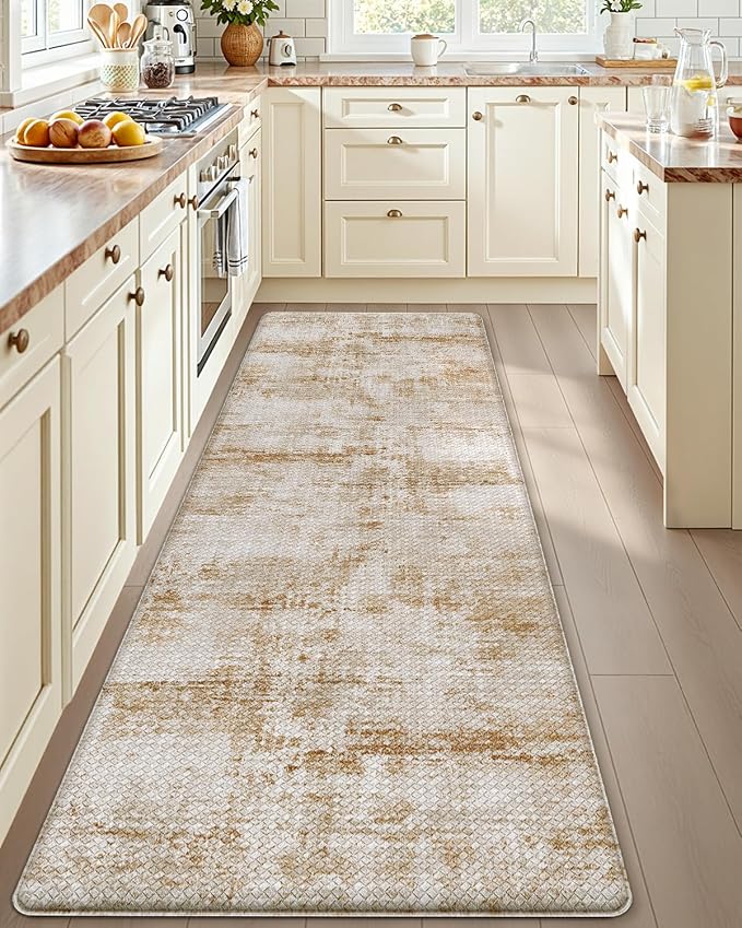 DEXI Kitchen Mats Cushioned Anti Fatigue, 23x86 Floor Padded Runner Rug Non Slip, Waterproof Standing Comfort Memory Foam for Front Sink Laundry, Light Brown