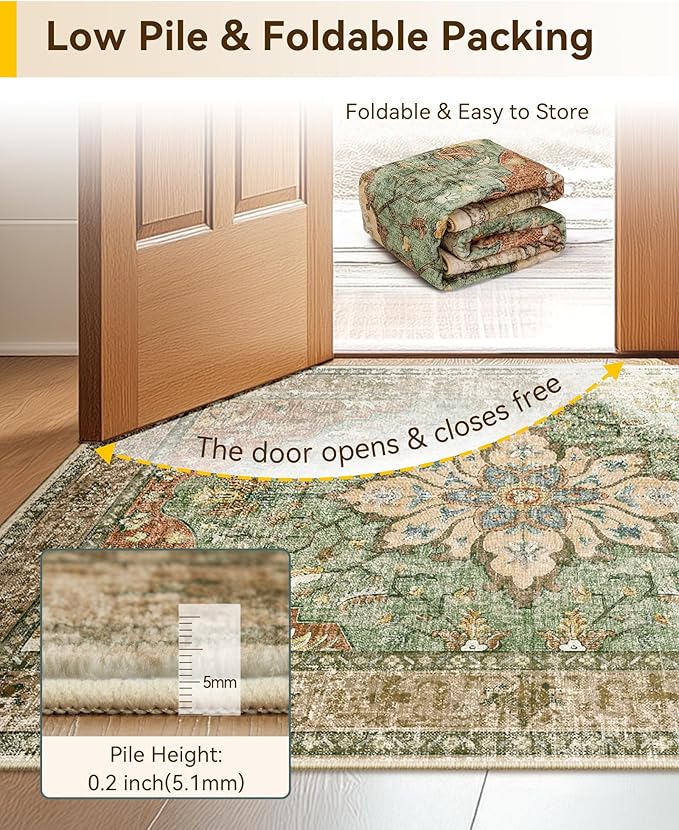 RELEANY Area Rugs Runner 2'x8' Washable Non-Slip, Floral Vintage Distress Medallion Carpet for Kitchen Hallway Bedroom Beside Laundry Room Bathroom, Terracotta Burnt Orange Green