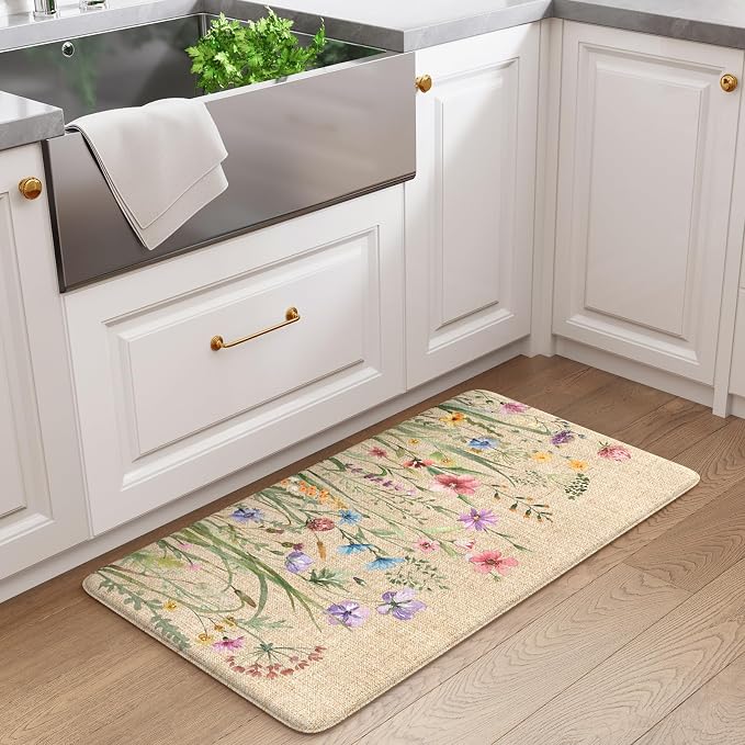 KIMODE Anti Fatigue Mats for Kitchen Floor 17.3"x29", Cushioned Kitchen Rugs, Non Slip Waterproof Kitchen Floor Mat, Floral Comfort Standing Mat for Laundry, Office, Sink, Desk Brown