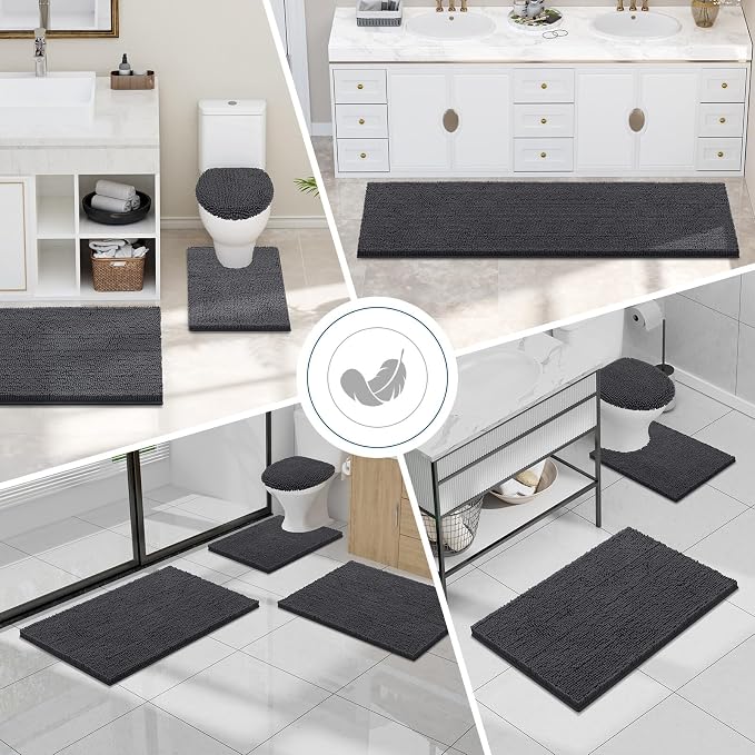 Smiry Luxury Chenille Bathroom Rugs 47x20, Extra Soft and Absorbent Shaggy Bath Mat, Machine Washable, Non-Slip Plush Carpet Runner for Tub, Shower, and Floor, Home Decor Accessories, Charcoal Grey