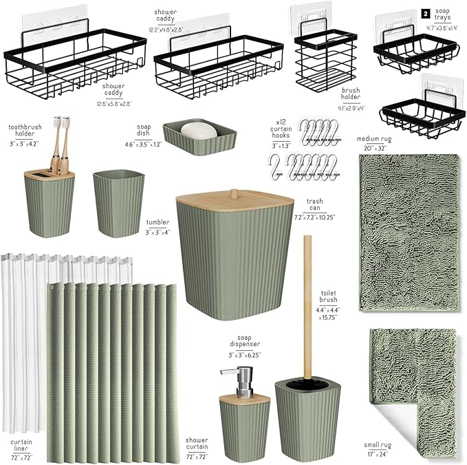 Clara Clark Bathroom Accessories Set - 27PC Bathroom Set with Adhesive Corner Shower Caddy Hanging, Bathroom Sets with Shower Curtain and Rugs, Sage Green Shower Curtain Set with Bathroom Trash Can