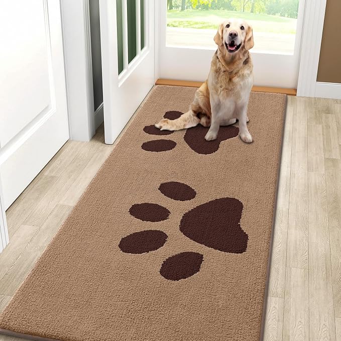 Smiry Dog Door Mat for Muddy Paws, Absorbs Moisture and Dirt, Low-Profile Entryway Mat with Non-Slip Backing, Entry Indoor Outdoor Doormat for Inside Floor (59x24 Inches, Beige, Paw