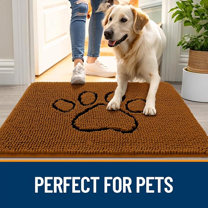 OLANLY Dog Door Mat for Muddy Paws 30x20, Paw Print Design, Absorbs Moisture and Dirt, Absorbent Non-Slip Washable Doormat, Quick Dry Chenille Mud Mat for Dogs, Entry Indoor Entryway Carpet, Ochre