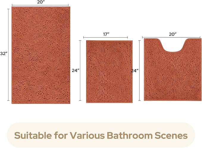 HOMEIDEAS 3 Pieces Bathroom Rugs, Ultra Soft Non Slip Absorbent Chenille Toilet Bath Mat Set (Burnt Orange)