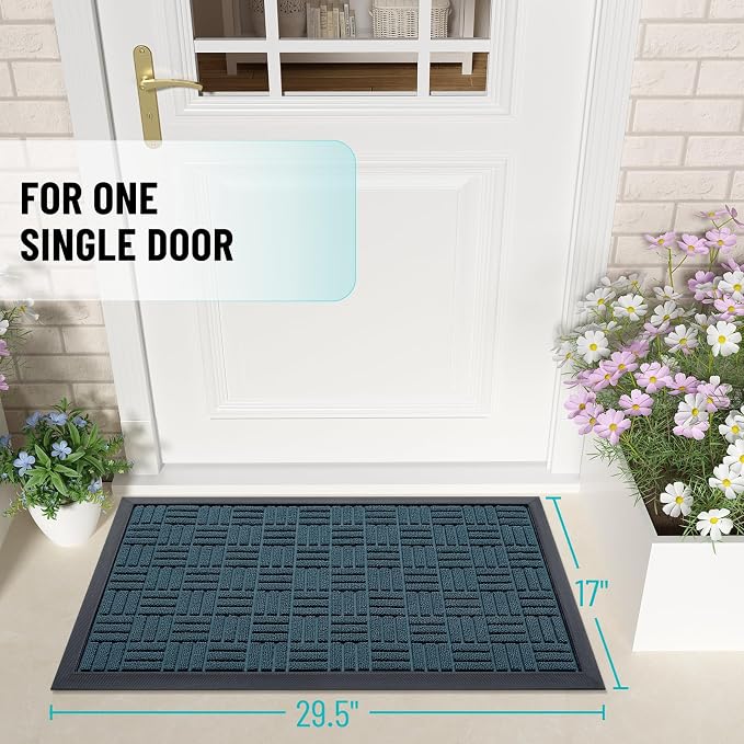 OLANLY Front Door Mat Outside Entrance 29.5x17, Absorbent, Heavy Duty Sturdy Natural Rubber Doormat Indoor Outdoor, Non-Slip, Stain and Fade Resistant, Low Profile Floor Mat for Entryway, Lake Blue