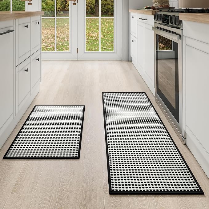 YDKGL Kitchen Mat Kitchen Rugs Sets of 2 PCS Non Slip Washable, Super Absorbent Soft Braided Kitchen Mats for Floor, Rubber Backing Comfort Standing Kitchen Sink Mat Runner Rug, Black 17"x30"+17"x47"