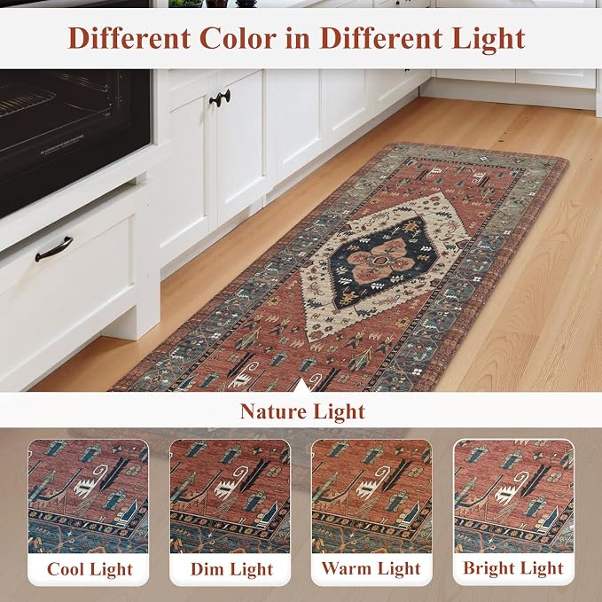KIMODE Anti Fatigue Kitchen Mats,Boho Vintage Kitchen Rugs Sets of 2,Non Slip Waterproof Kitchen Floor Mats,Ergonomic Cushioned Comfort Standing Mat for Laundry,Office,Sink,Desk, Red
