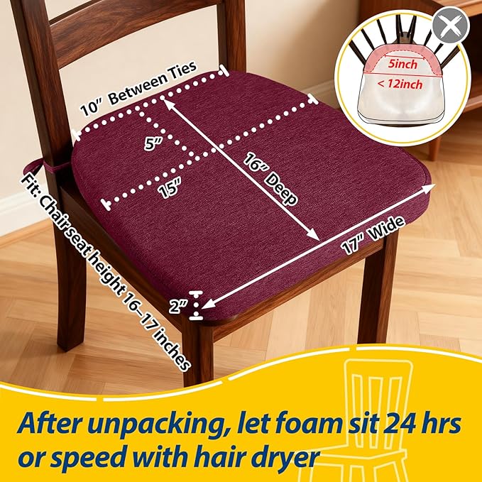 AAAAAcessories D-Shaped Chair Cushions, 2" Thick Dining Chair Pads with Ties and Removable, Machine-Washable Cover, 17" x 16", Set of 4, Wine Red