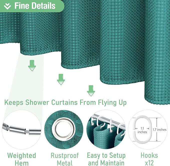 Dynamene Extra Long Shower Curtain - 96 Inch Long Waffle Weave Weighted Thick Cloth Bathroom Shower Curtain, Neutral Heavy Duty Hotel Bath Curtain Set with 12 Plastic Hooks,72x96, Seaweed Green