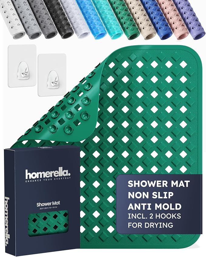 homerella® Shower Mat Non Slip Anti Mold, Non Slip Shower Mats for Inside Shower Stall Anti Slip Mat, Square Shower Floor Mat 21 x 21 in with Suction Cups & Hooks for Quick Drying, Machine Washable